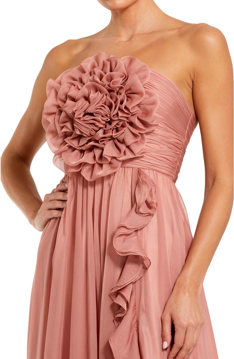 Mac Duggal Strapless Chiffon Gown With Oversized 3D Flower, Alternate, color, Rose