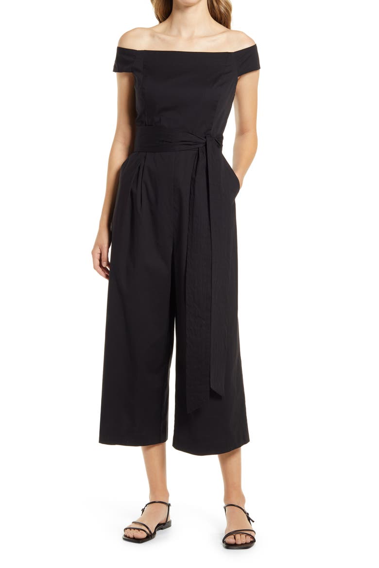 Off the Shoulder Crop Cotton Jumpsuit, Main, color, BLACK