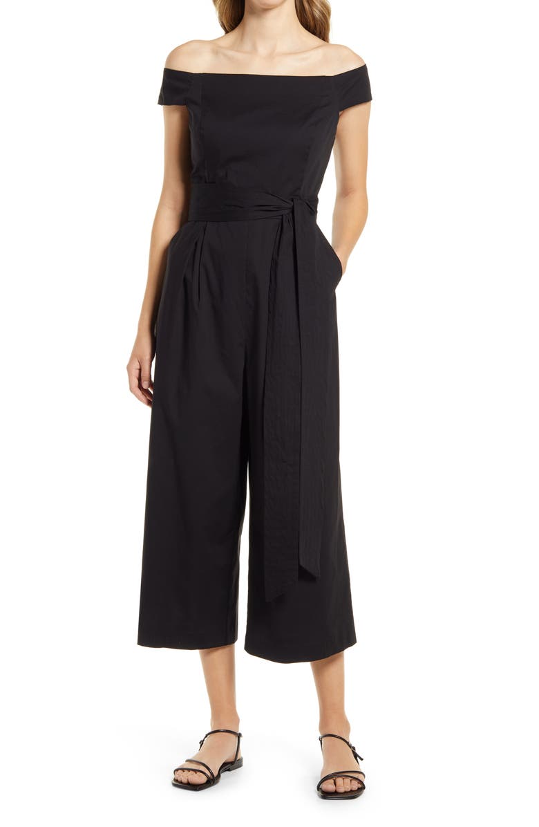 Eliza J Off the Shoulder Crop Cotton Jumpsuit, Main, color, 