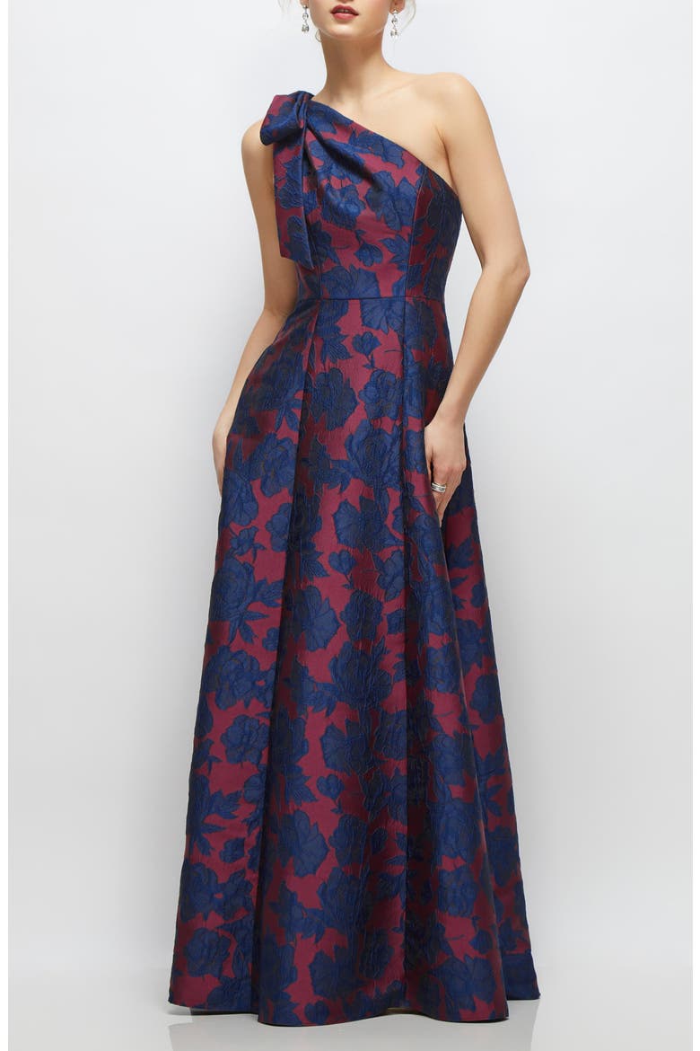 Bow One-Shoulder Jacquard Ballgown, Main, color, BURGUNDY NAVY FLORAL