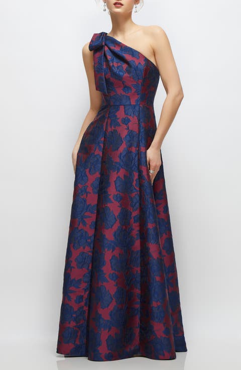 Bow One-Shoulder Jacquard Ballgown