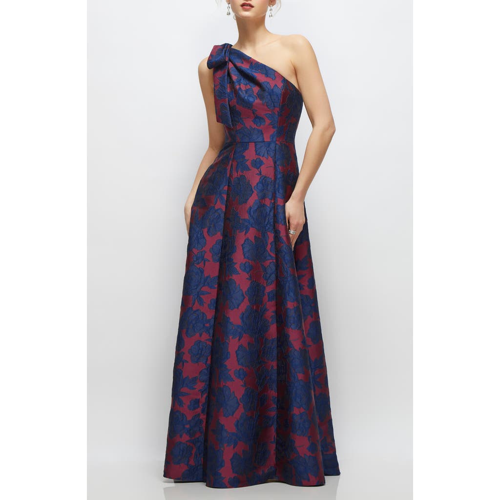 Alfred Sung Bow One-shoulder Jacquard Ballgown In Blue