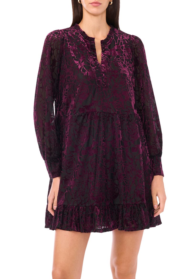 Velvet Floral Long Sleeve Babydoll Dress, Alternate, color, PURPLE/ BLK