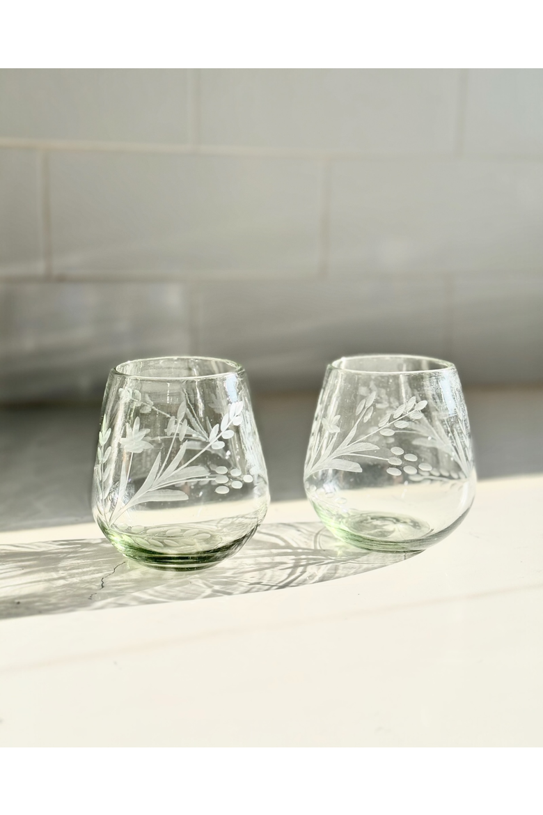 Hand-etched Blown Oval Glass - Set of 2, Alternate, color, Clear