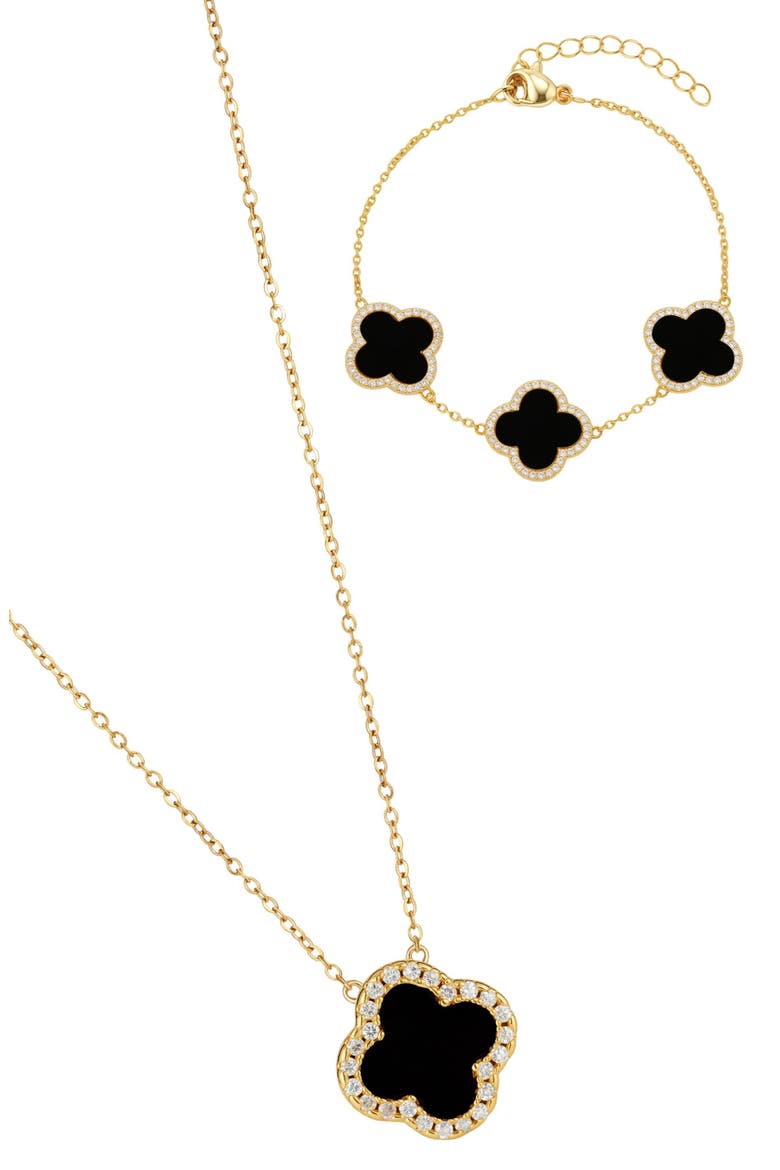 18k Gold Plated Cubic Zirconia Halo Set of 2 Necklace & Bracelet, Alternate, color, BLACK/ GOLD