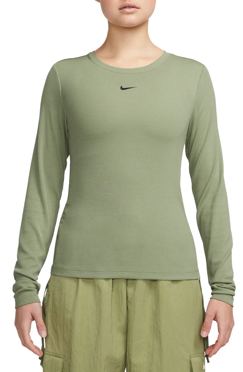 Nike Sportswear Ruched Long Sleeve Rib T-Shirt, Main, color, Oil Green/Black
