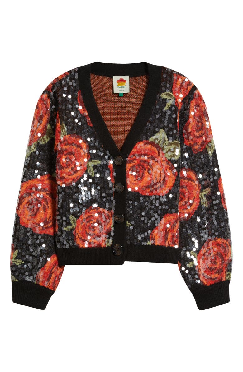 FARM Rio Latin Roses Sequin Knit Cardigan, Alternate, color, Black