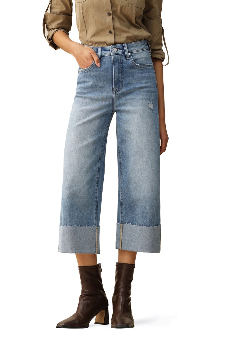 Cuffed Raw Hem High Waist Crop High Waist Wide Leg Jeans, Main, color, MEDIUM BLUE