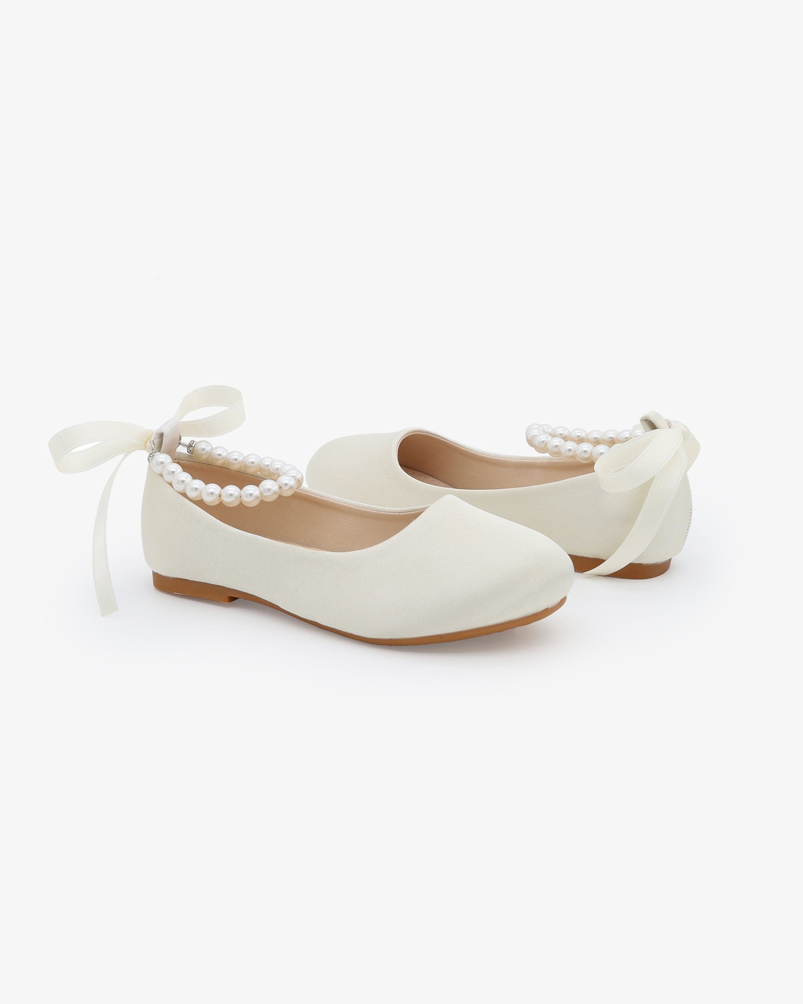 Harper Satin Flower Girl Flats with All Pearls Ankle Strap, Alternate, color, Ivory