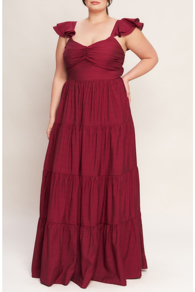 Flutter Cap Sleeve Tiered Maxi Dress, Main, color, DEEP RED