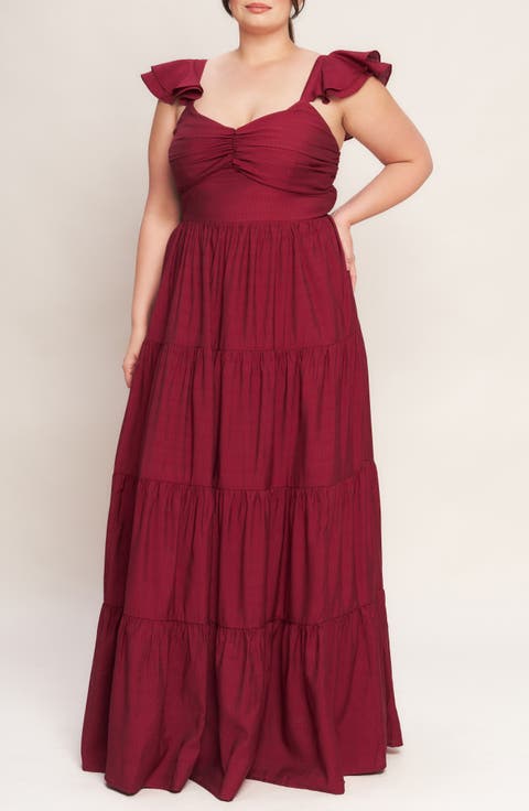 Flutter Cap Sleeve Tiered Maxi Dress (Plus)