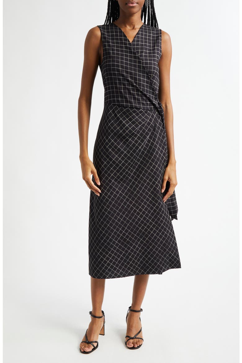 Trellis Plaid Sleeveless Midi Wrap Dress, Main, color, BLACK/ CREAM