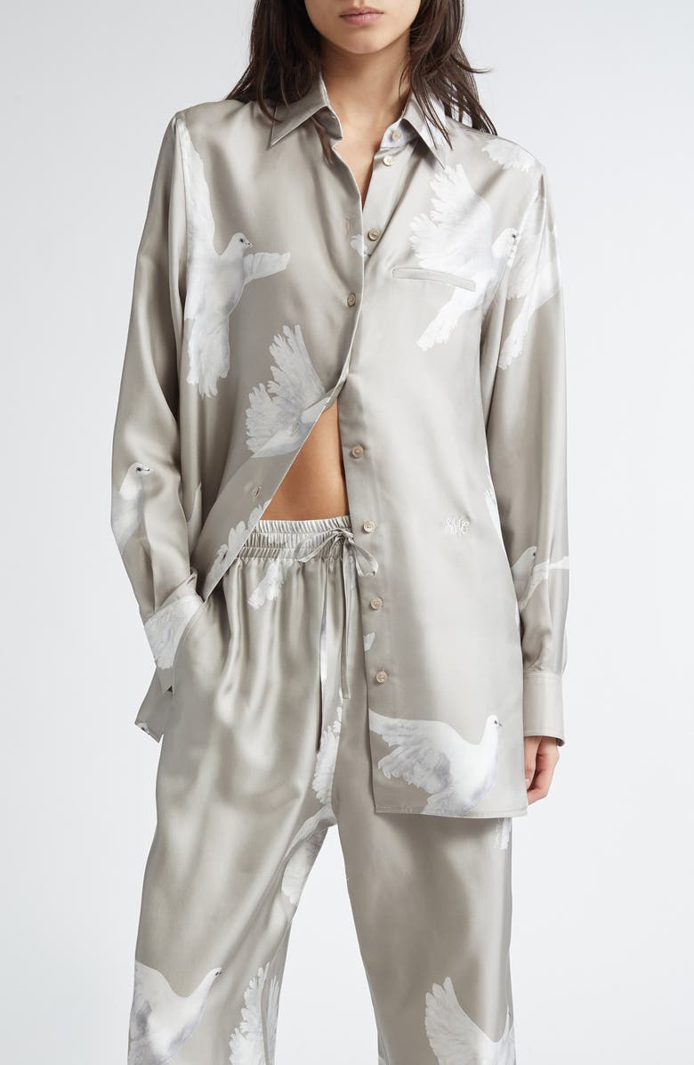 Stella McCartney Birds Print Relaxed Silk Button-Up Shirt, Main, color, Mud