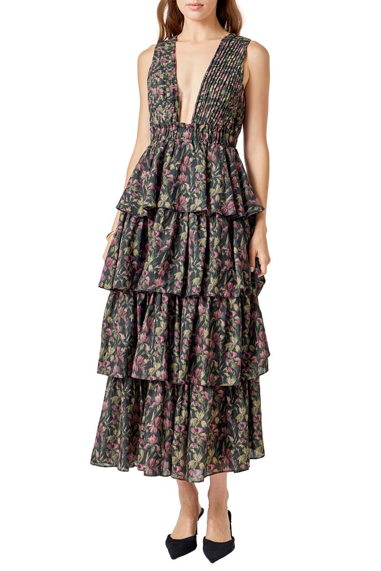 Tiered Floral Sleeveless Maxi Dress, Alternate, color, BLACK MULTI