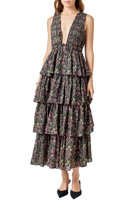 Endless Rose Tiered Floral Sleeveless Maxi Dress In Brown