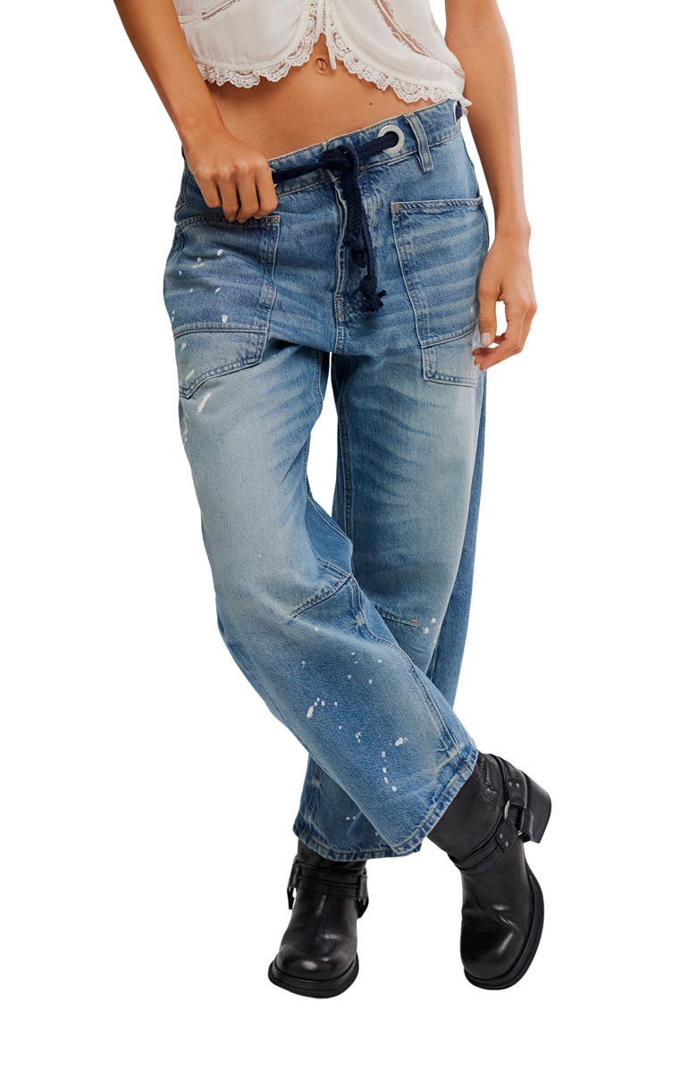 Free People Moxie Low Slung Tie Waist Nonstretch Jeans, Main, color, Timeless Blue
