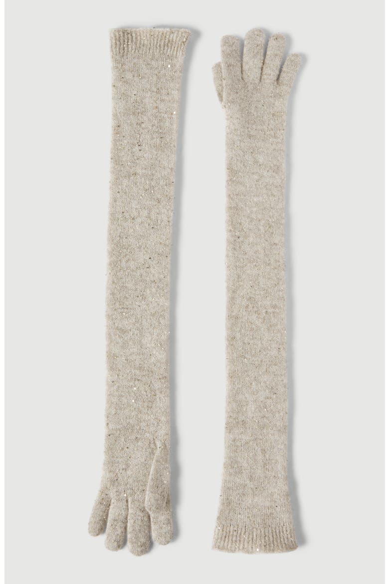 Lace flowers knit long gloves in sparkling mohair and virgin wool, Main, color, Buff