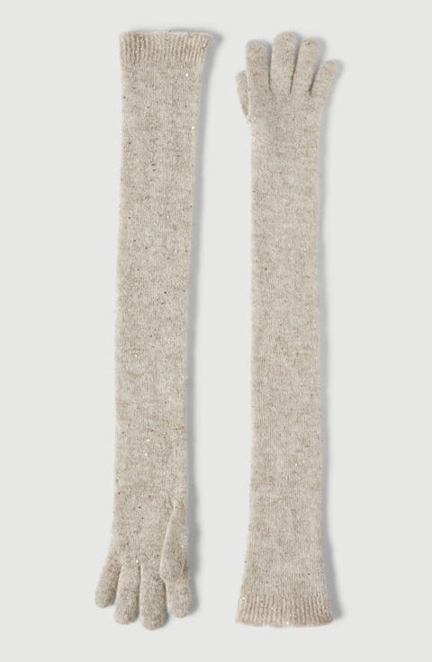 Lace flowers knit long gloves in sparkling mohair and virgin wool