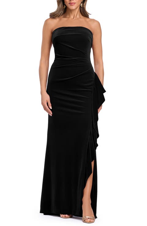 Strapless Ruffle Stretch Velvet Gown