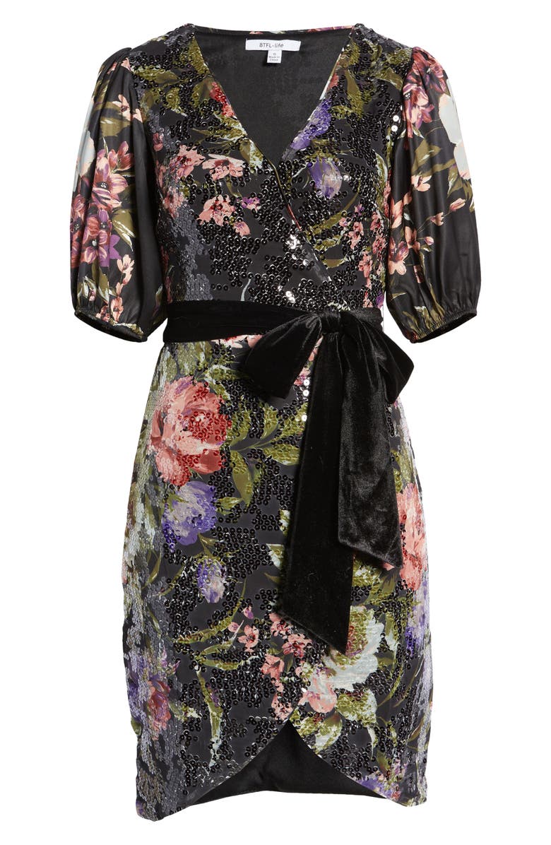 BTFL-life Floral Print Short Sleeve Sequin Dress, Alternate, color, Black Multi