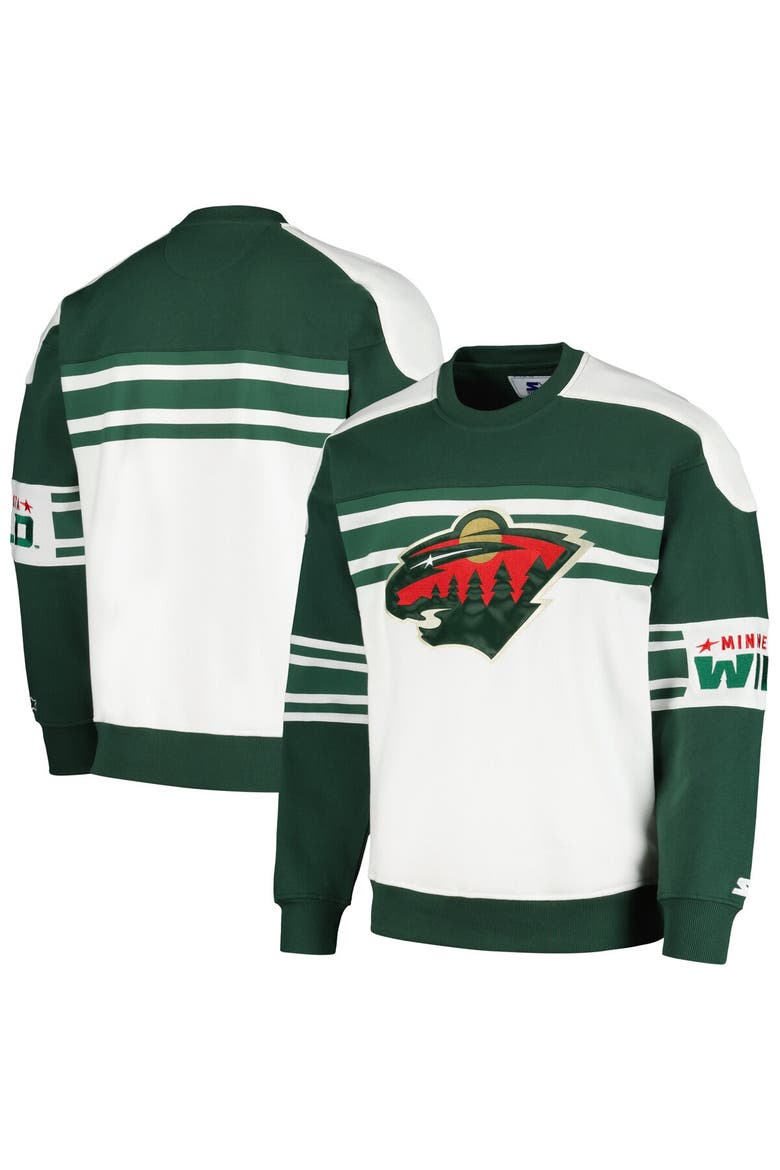 Men's Starter White Minnesota Wild Defense Fleece Crewneck Pullover Sweatshirt, Alternate, color, White