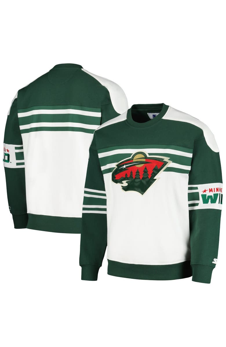 STARTER Men's Starter White Minnesota Wild Defense Fleece Crewneck Pullover Sweatshirt, Alternate, color, White