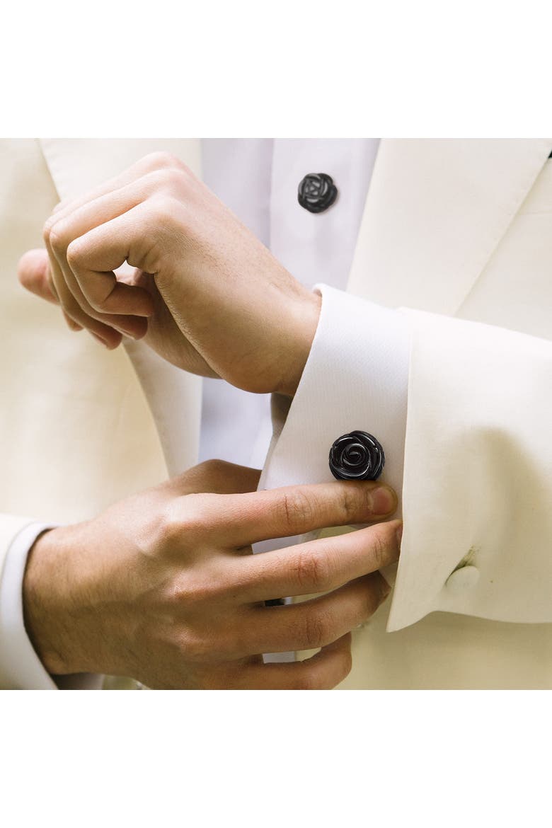 Rose Carved Sterling Cufflinks and Stud Sets, Alternate, color, BLACK
