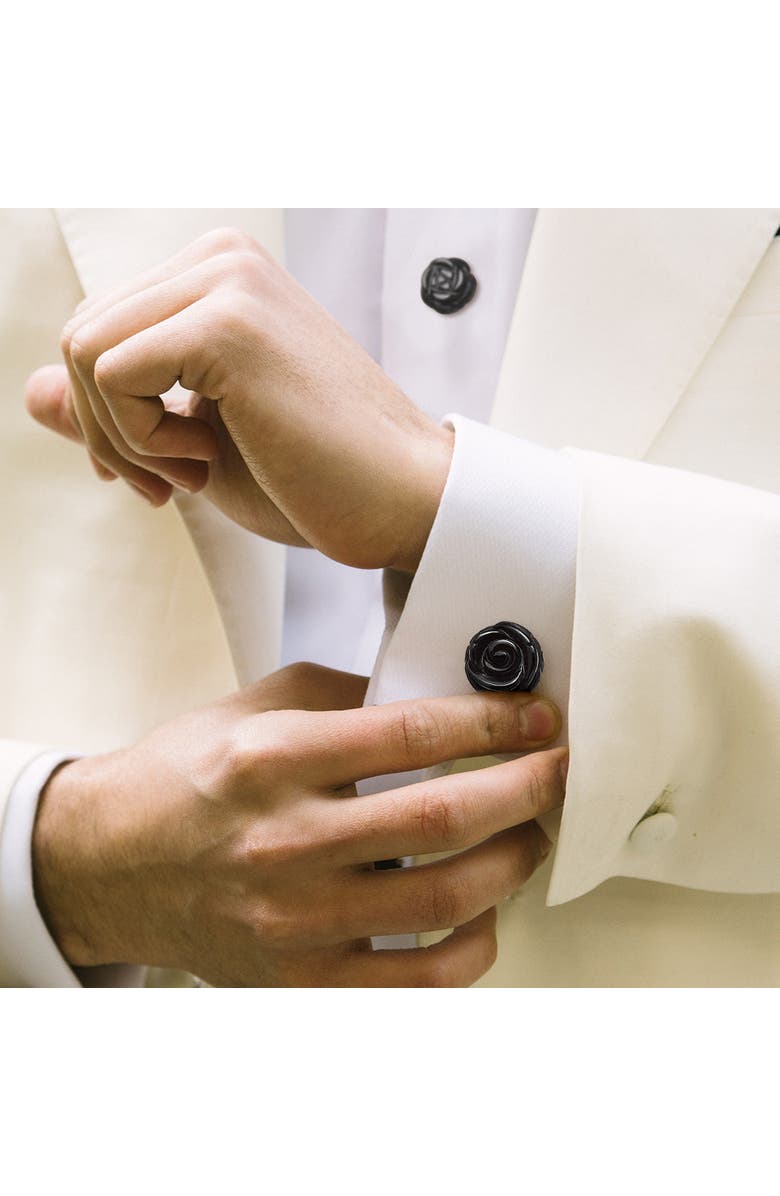 Jan Leslie Rose Carved Sterling Cufflinks and Stud Sets, Alternate, color, Black