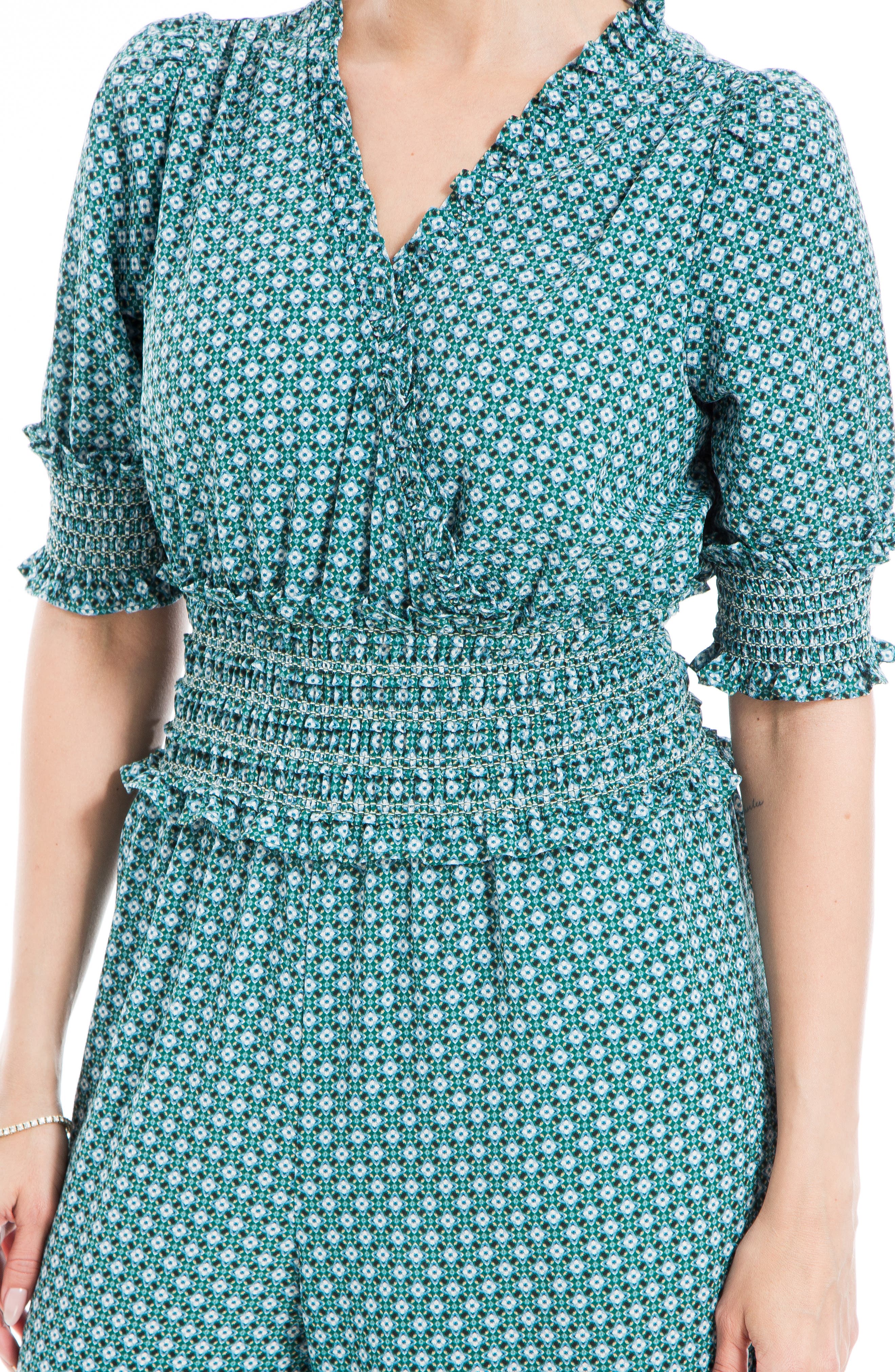 MAX STUDIO Ditsy Short Sleeve Smocked Wide Leg Jumpsuit (Women ...