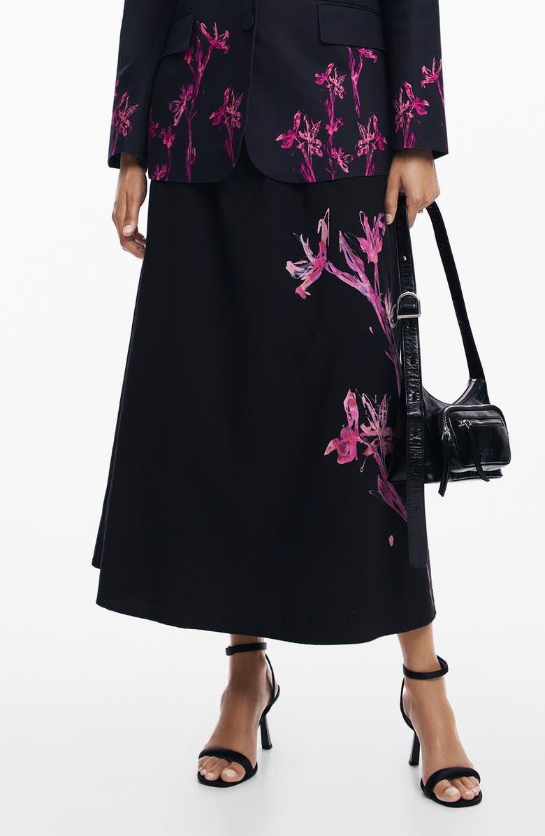 Desigual Orchid Print Cotton A-Line Skirt, Main, color, Black