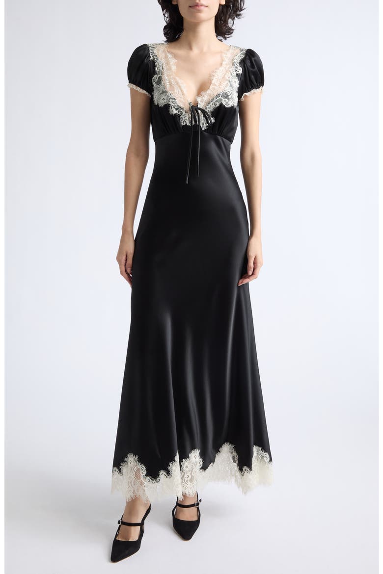 Sienne Lace Trim Satin Midi Dress, Main, color, BLACK/ GARDENIA