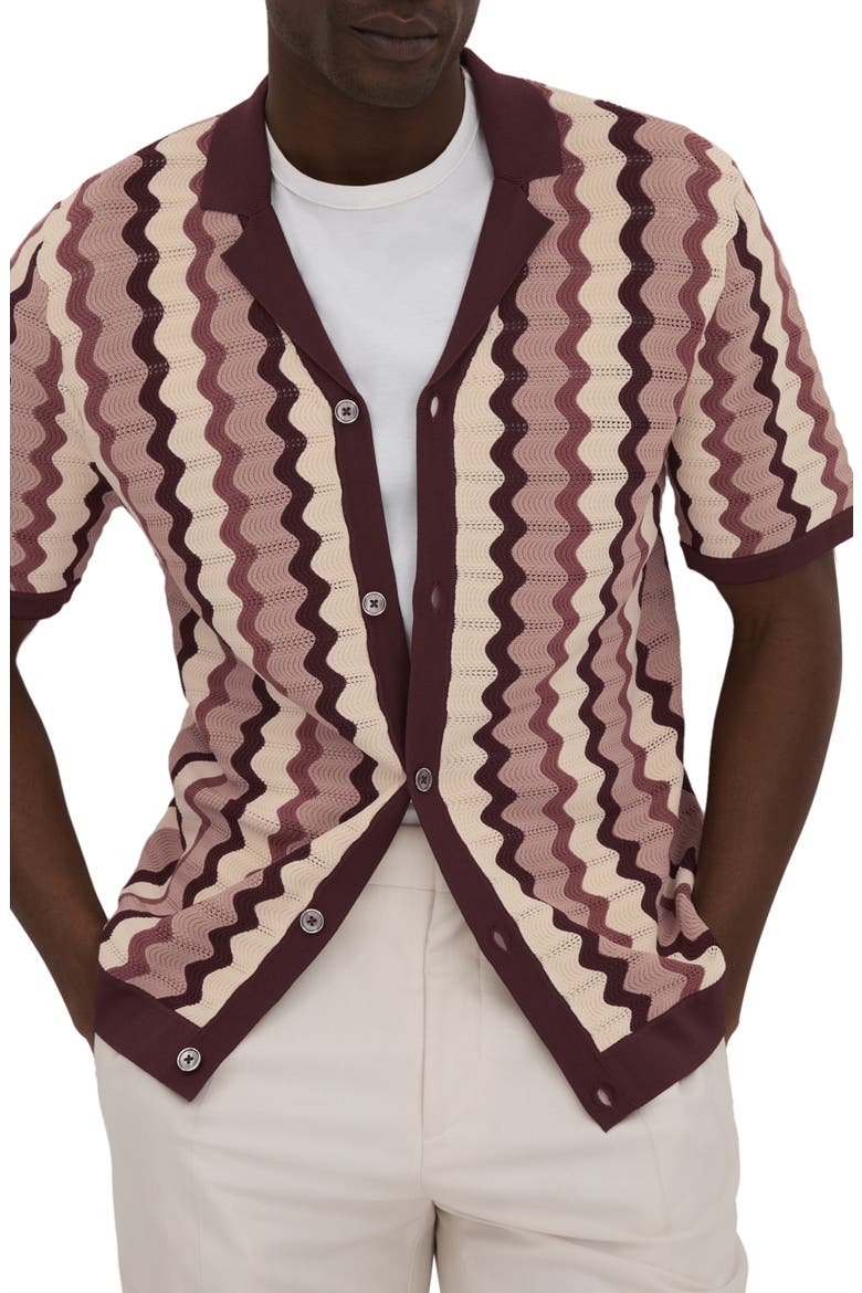 Summer Pointelle Zigzag Stripe Knit Button-Up Shirt, Main, color, ROSE MULTI