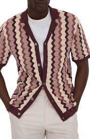 Reiss Summer Pointelle Zigzag Stripe Knit Button-Up Shirt