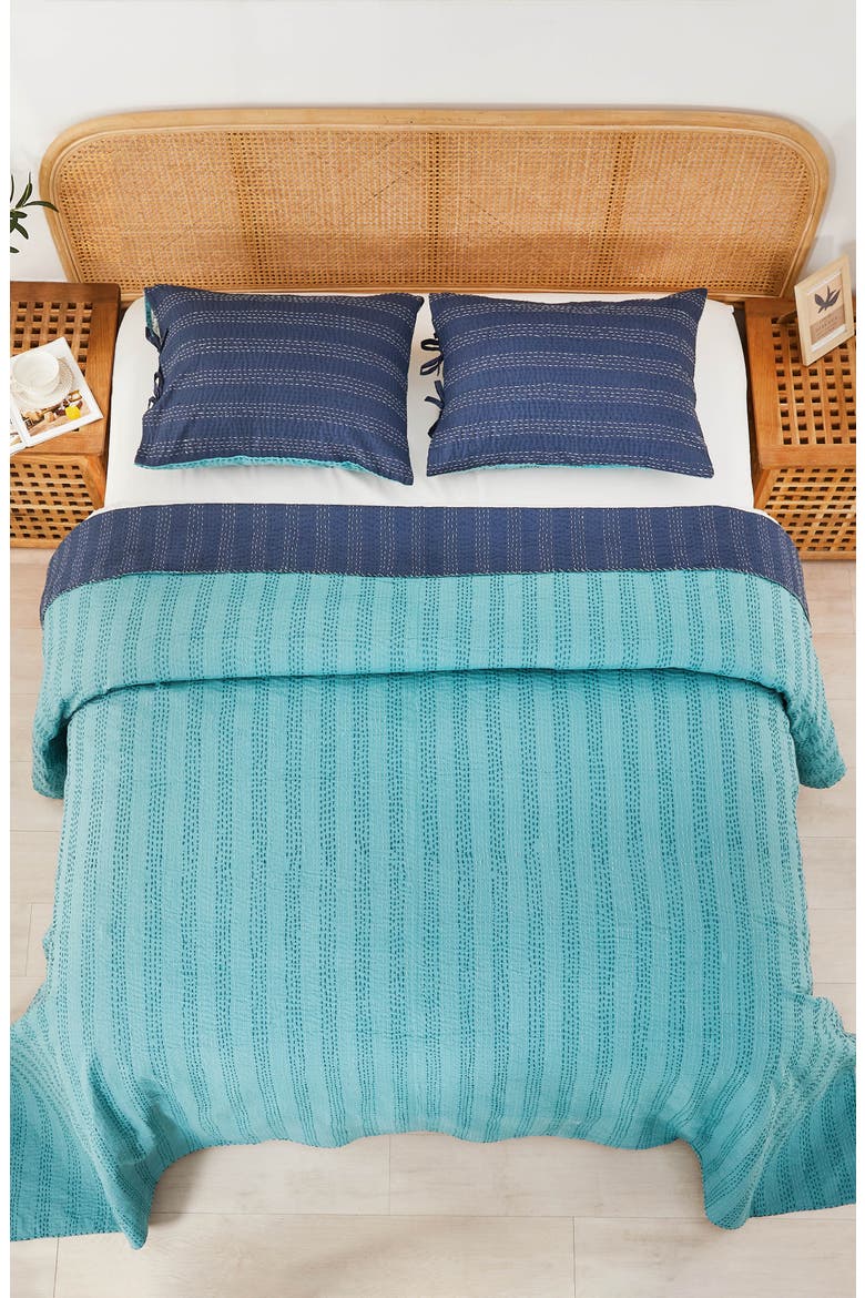 Kantha Reversible Cotton Coverlet, Alternate, color, NAVY AND TEAL