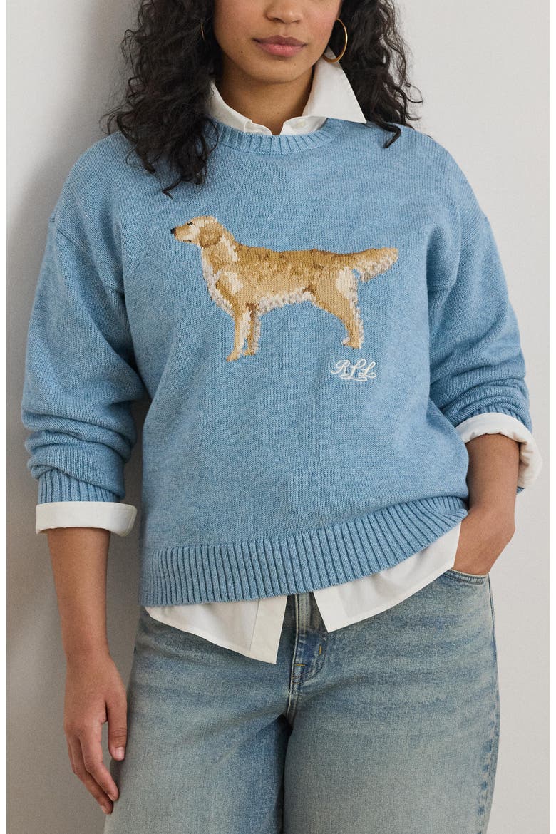 Golden Retriever Intarsia Cotton Sweater, Alternate, color, BLUE NOTE HEATHER MULTI