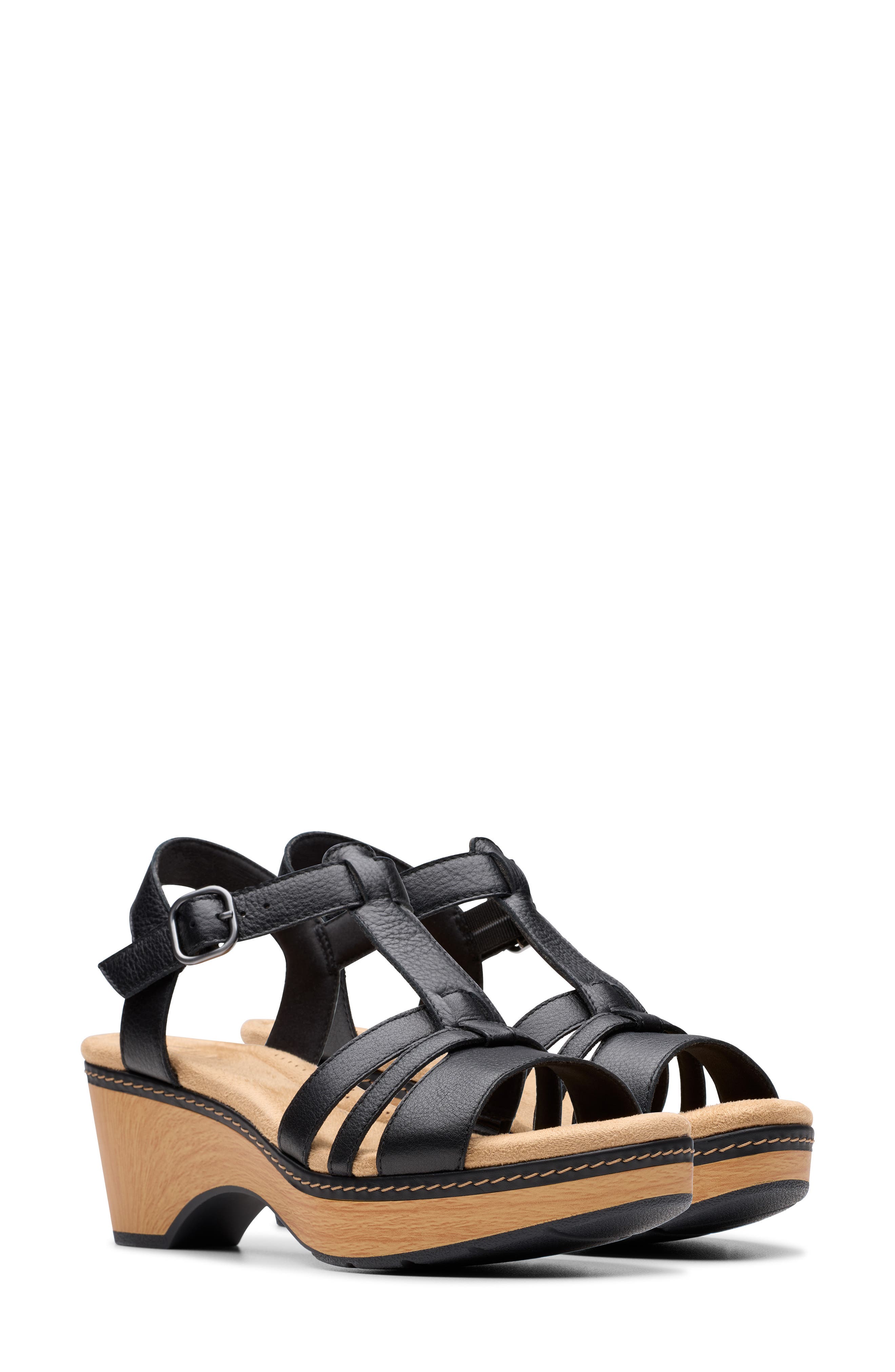 Clarks<sup>®</sup> Seannah Madi Wedge Sandal - Wide Width Available, Alternate, color, Black Leather