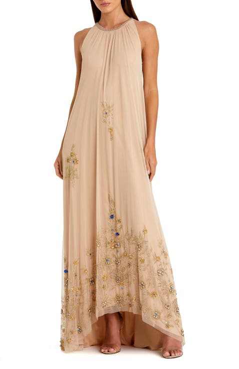 High Neck Floral Embellished Trapeze Gown