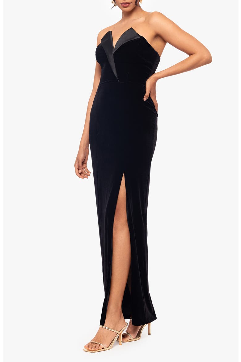 Velvet Strapless Tuxedo Gown, Alternate, color, BLACK