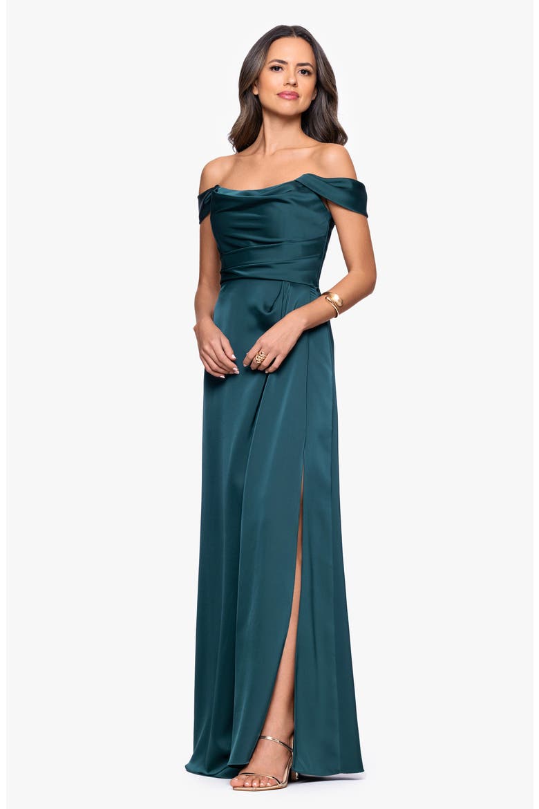 Heather Off the Shoulder Satin Gown, Alternate, color, PINE