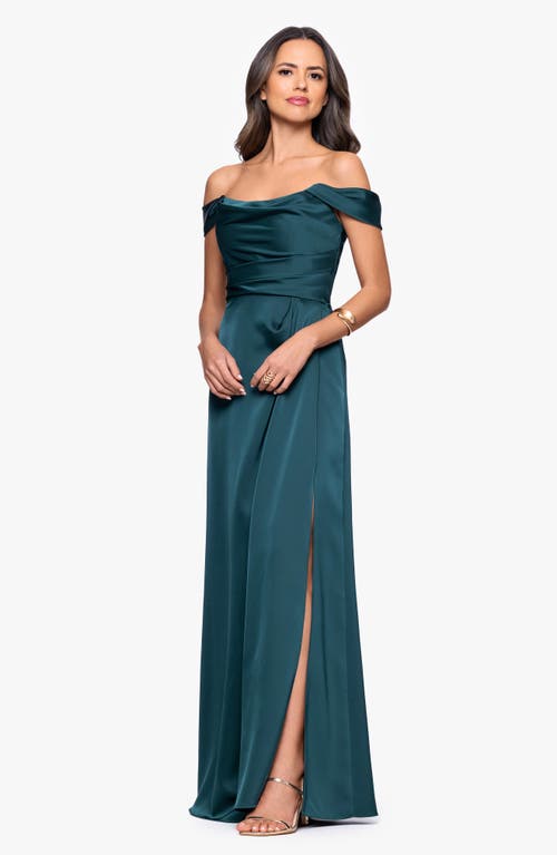 Betsy & Adam Heather Off The Shoulder Satin Gown In Green