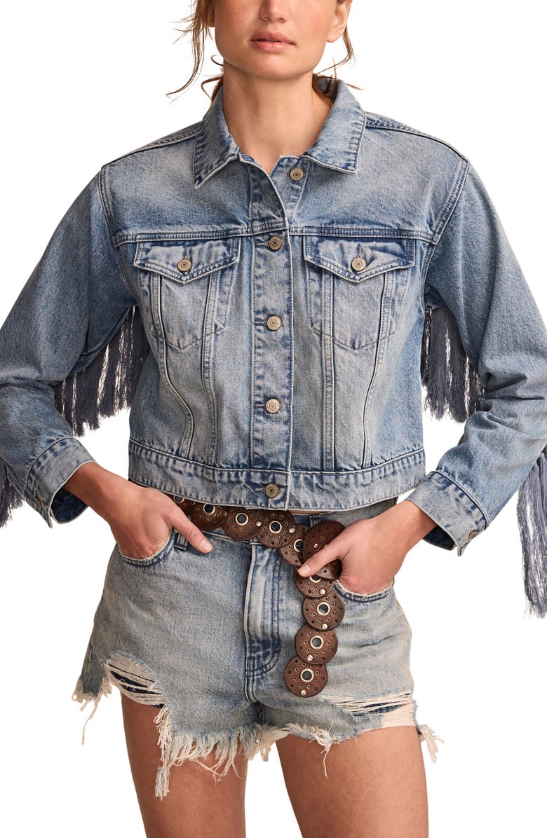 Lucky Brand Westival Fringe Crop Denim Jacket, Main, color, 
