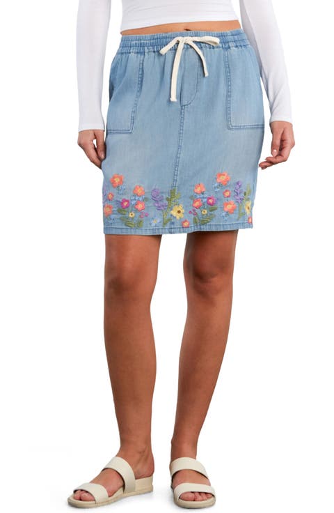 Floral Embroidered Drawstring Denim Miniskirt
