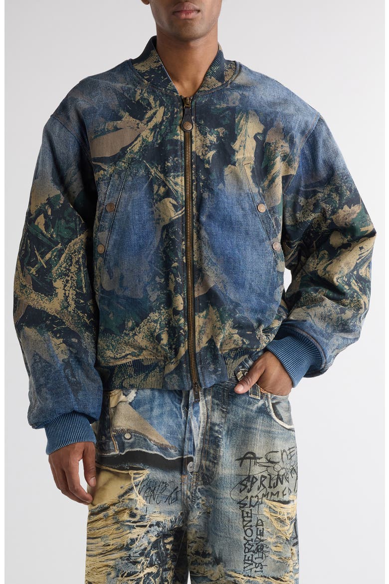 Print Denim Bomber Jacket, Main, color, BLUE MULTI