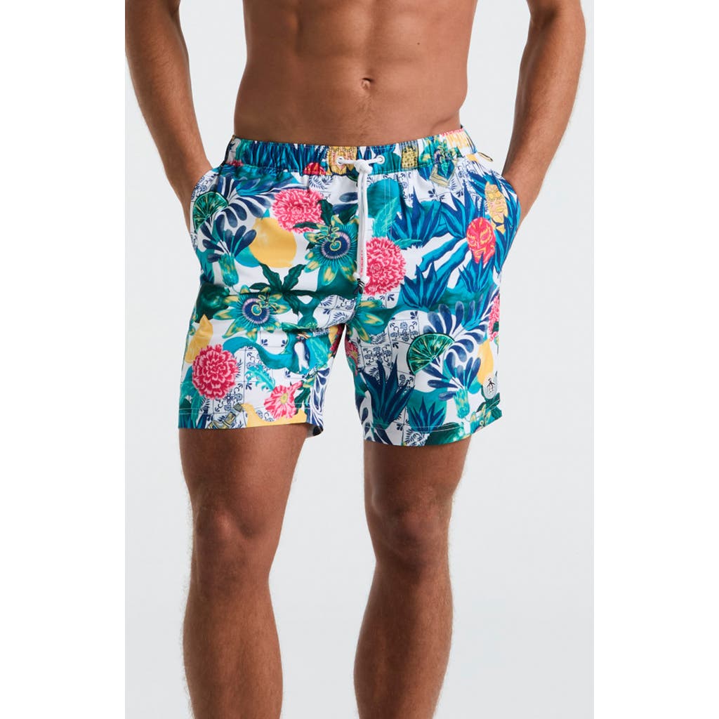 Original Penguin 7 Volley Floral Print Swim Shorts In Blue