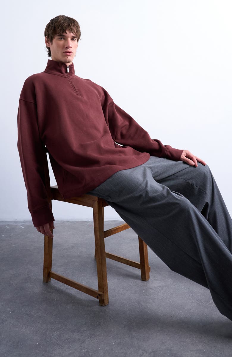 Topman Heavyweight Oversize Quarter Zip Sweatshirt, Alternate, color, Brown