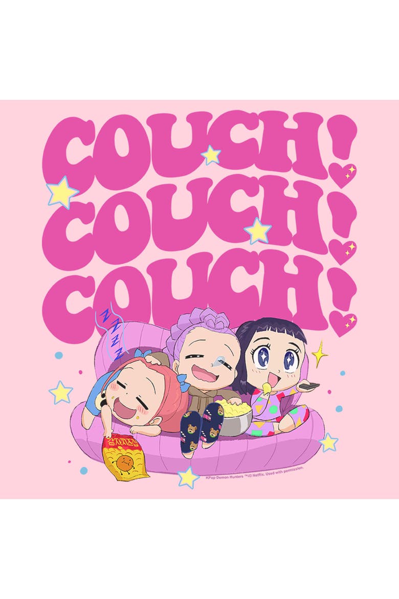 Juniors KPop Demon Hunters Cute Friendship Couch Time T Shirt, Alternate, color, Light Pink