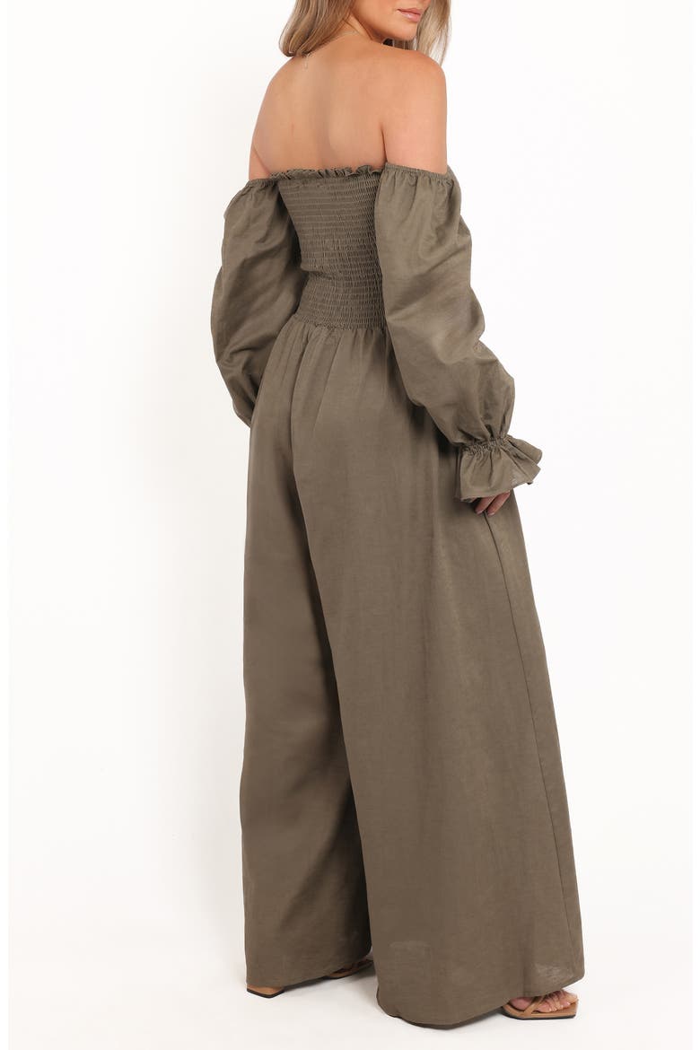 Domenica Smocked Off the Shoulder Cotton & Linen Jumpsuit, Alternate, color, OLIVE