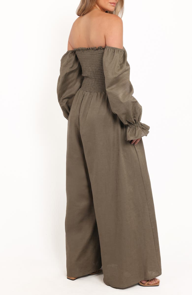 Petal & Pup Domenica Smocked Off the Shoulder Cotton & Linen Jumpsuit, Alternate, color, Olive