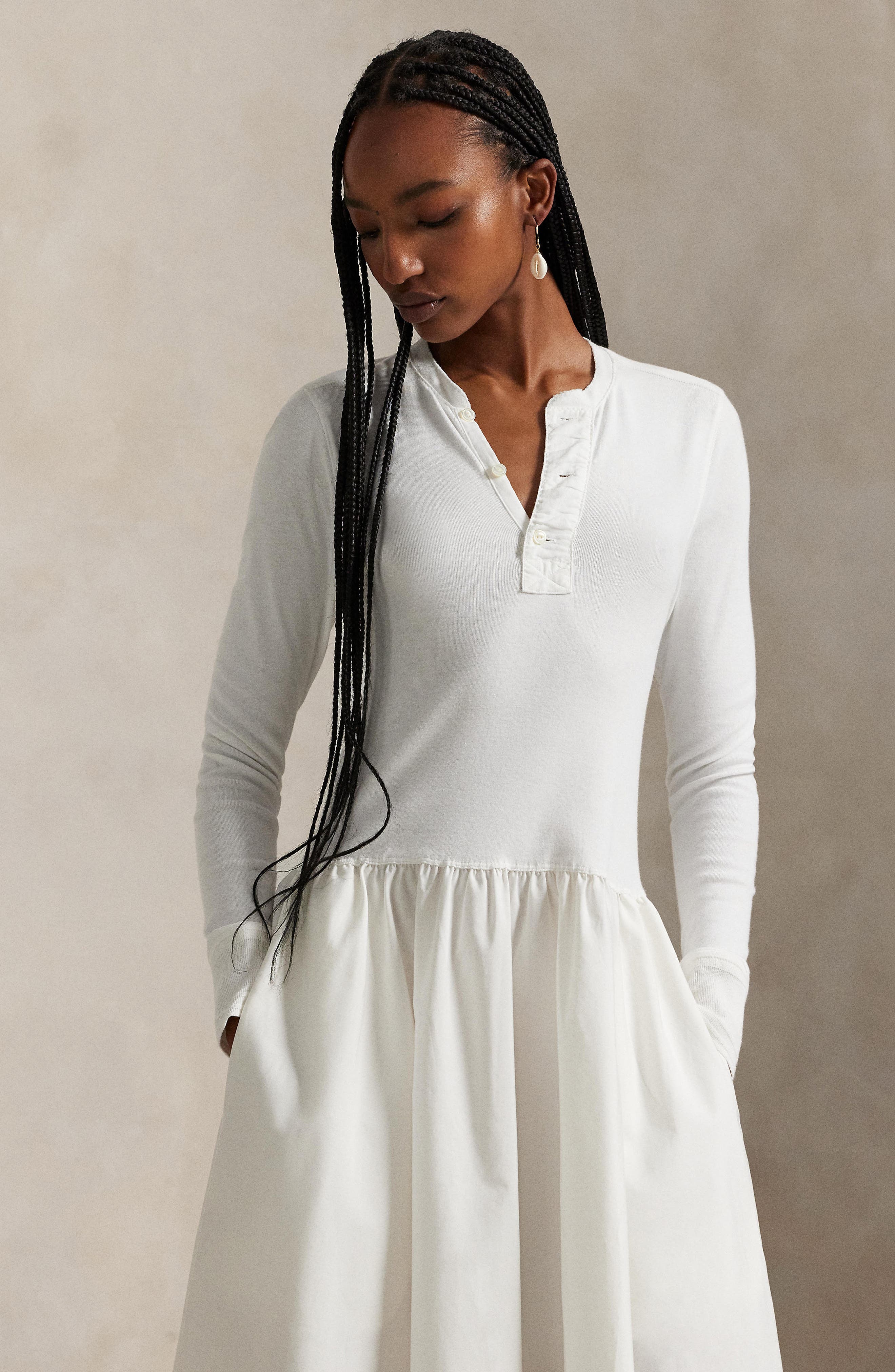 Polo Ralph Lauren Long Sleeve Mixed Media Henley Midi Dress (Women