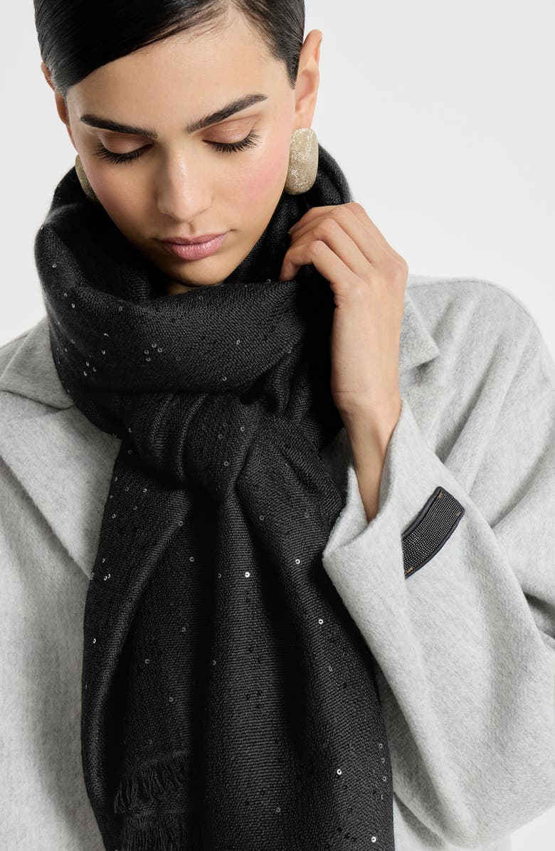 Brunello Cucinelli Cashmere and silk Diamond yarn scarf, Alternate, color, Black